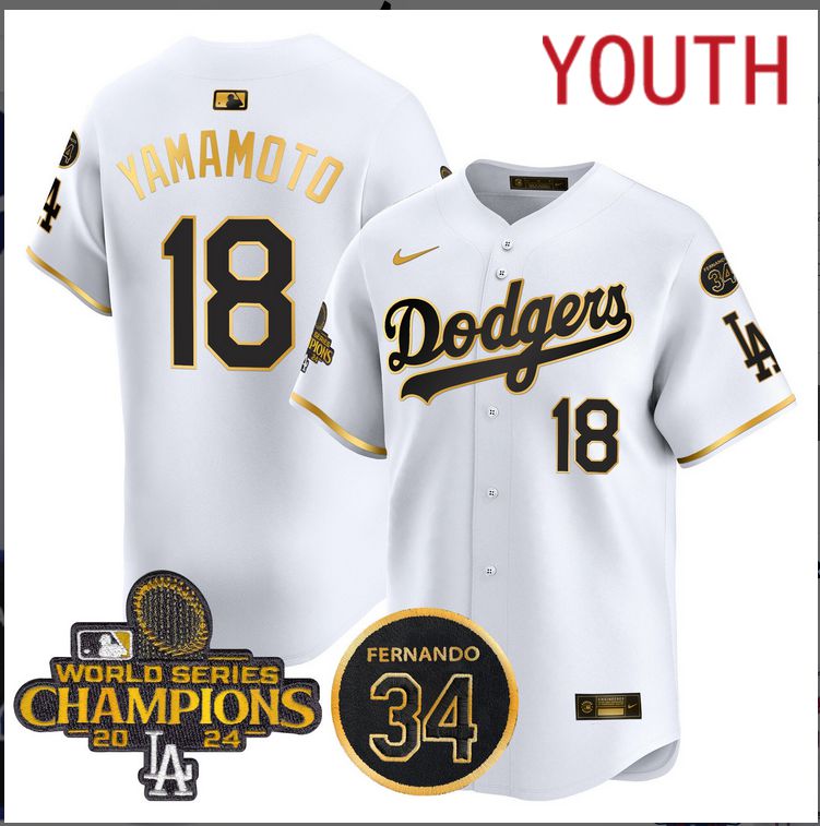 Youth  MLB Los Angeles Dodgers #18 Yamamoto white 2024 World Series Champions Patch Limited Jersey style 5->los angeles dodgers->MLB Jersey